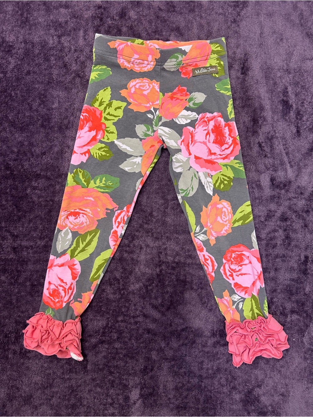 Matilda Jane Gray Leggings with Pink & Green Floral Print and Pink Ruffle Cuffs